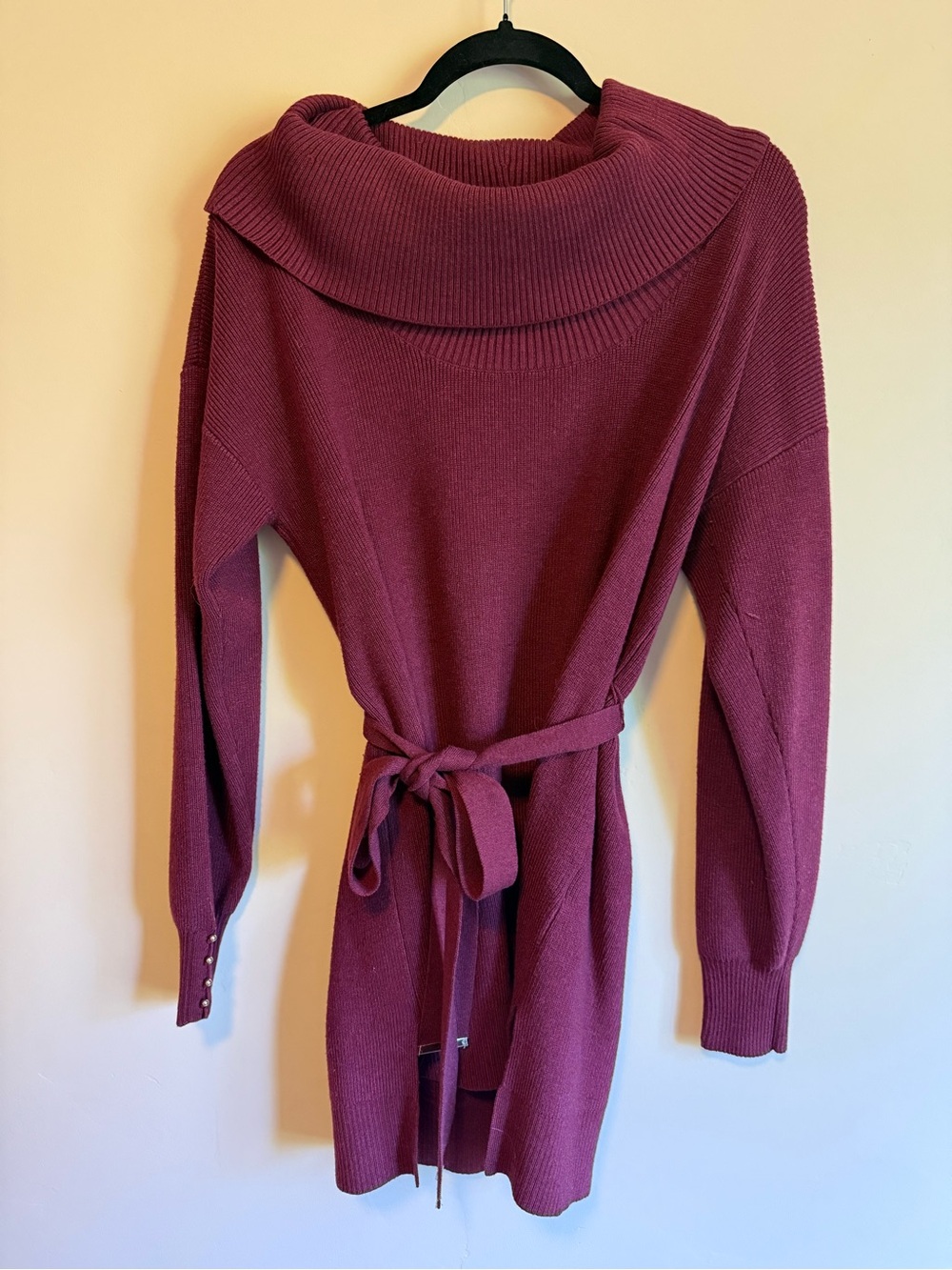 White House Black Market Women's Burgundy Cowl Neck Belted Sweater NWOT